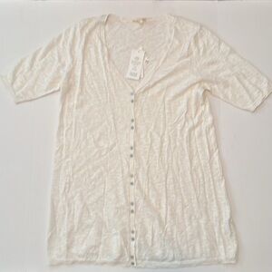 Eileen Fisher Long V Neck Linen Cotton Slub Short Sleeve Button Down Sweater NWT